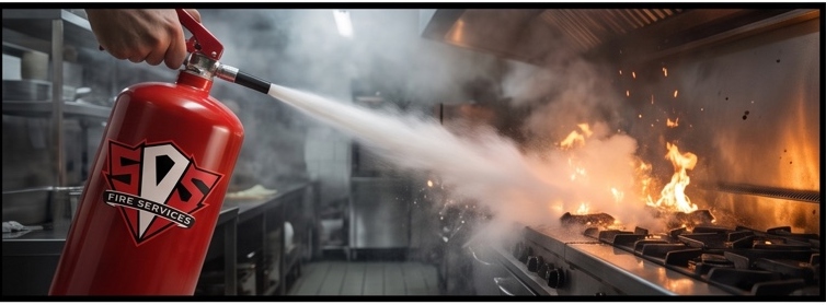 Close-up view of a red fire extinguisher mounted on a commercial kitchen wall