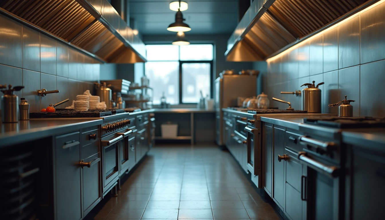 Eye-level view of commercial kitchen fire suppression system installed above cooking equipment