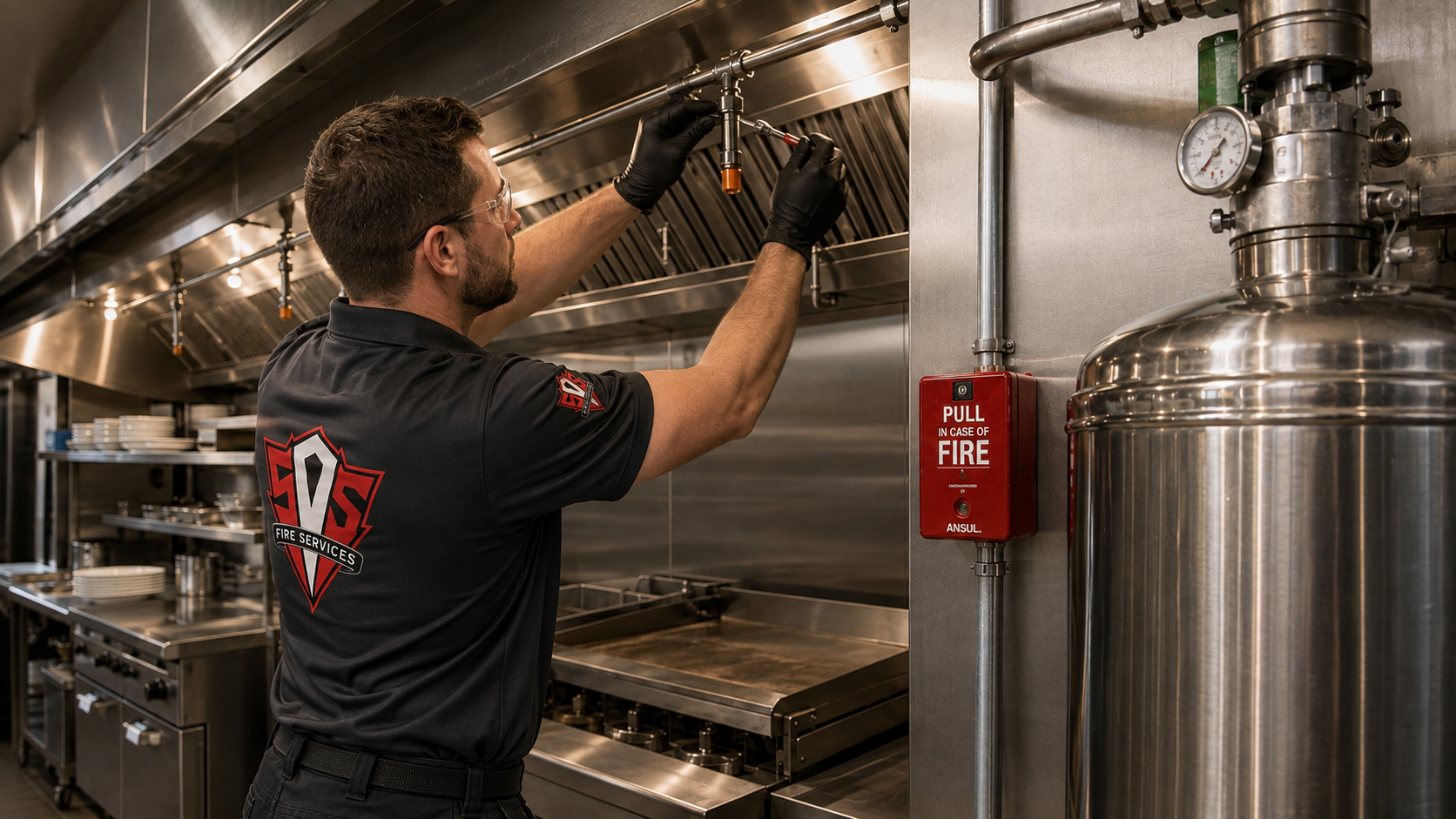 Eye-level view of a certified fire protection technician inspecting a commercial kitchen fire suppression system