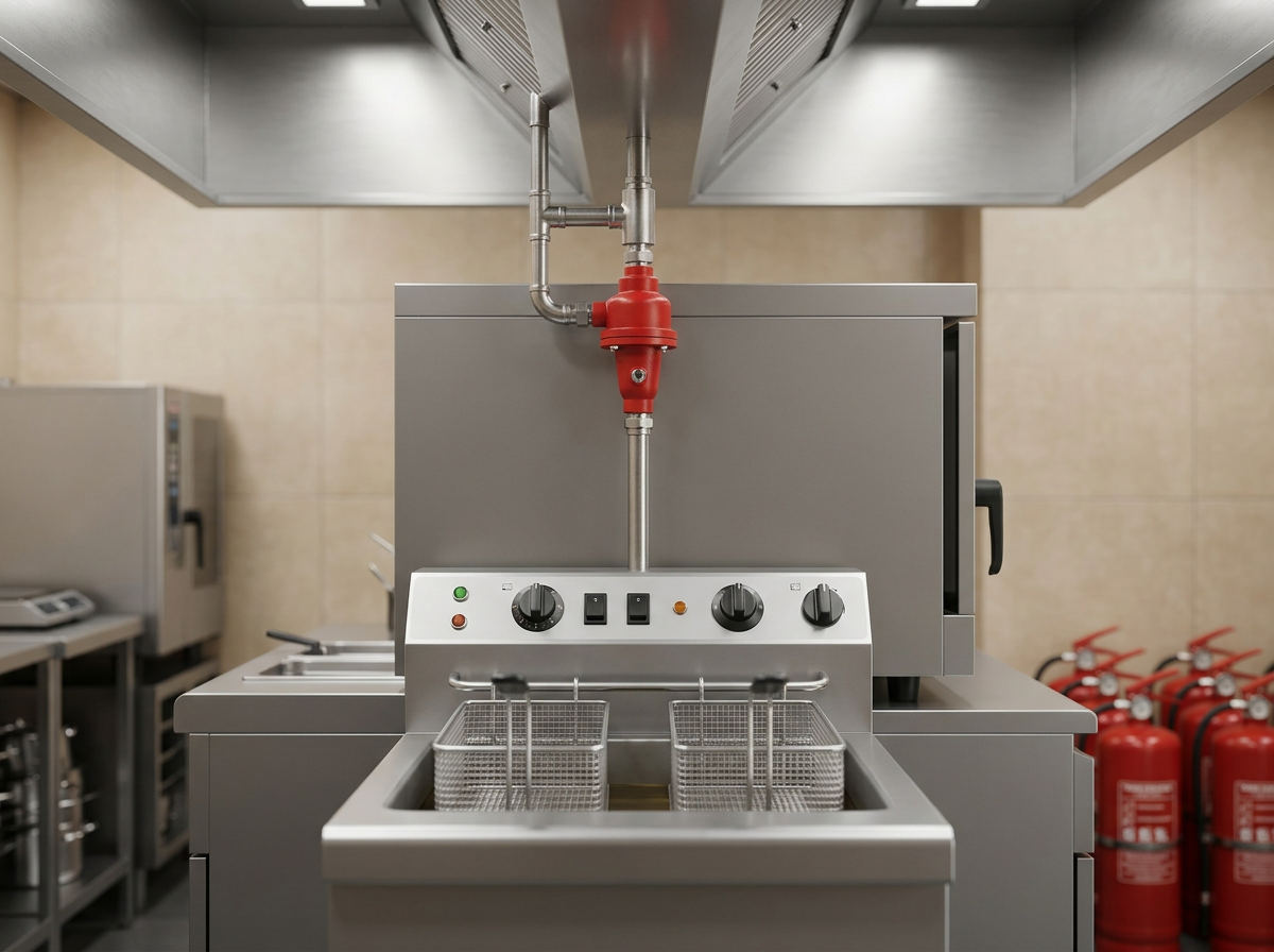 Close-up view of commercial kitchen deep fryer with fire suppression system nozzle above