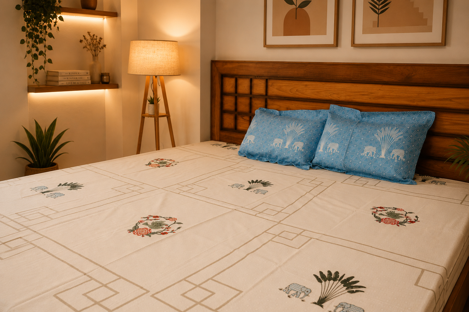 Palm Tree Motif Printed Cotton Bedsheet(Beige Base)