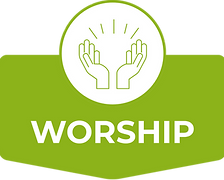 Light green card icon with raised praise hands representing Worship (Romans 12:1-2).