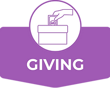 Purple card icon with a hand putting money into a box representing Giving (2 Corinthians 9:6-8).