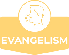 Yellow card icon with a speaking head profile representing Evangelism (Matthew 28:18-20).