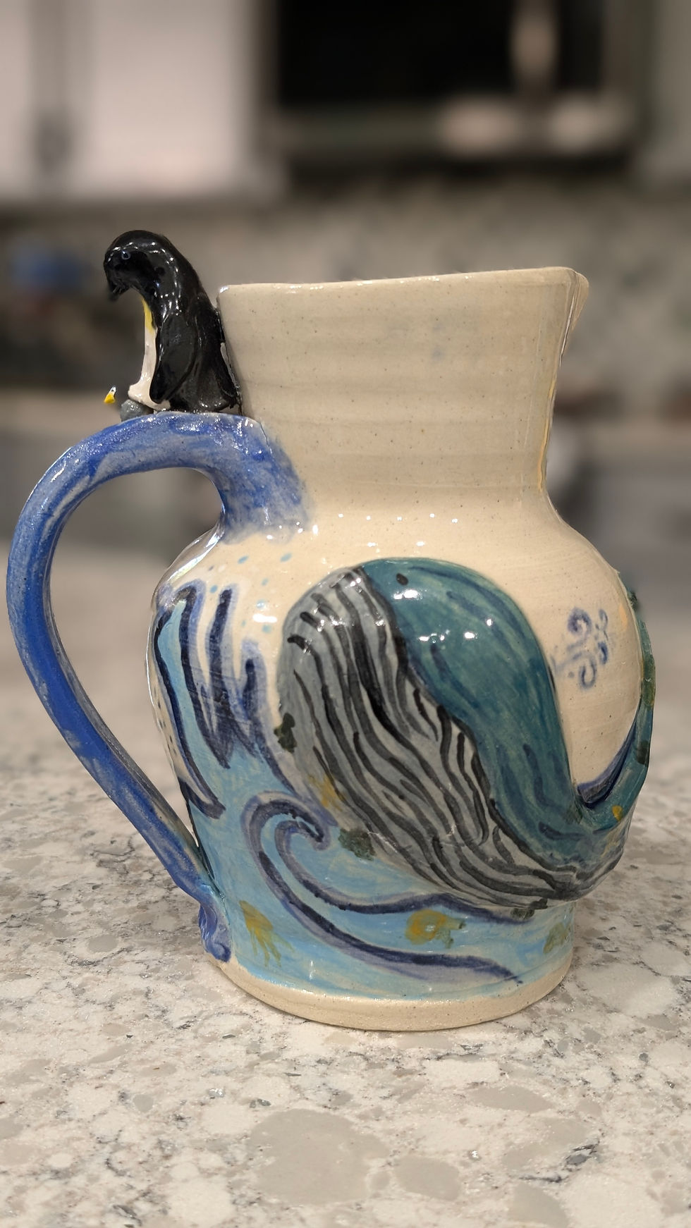 Blue Whale Pitcher with Penguin Handle: Whimsical Ceramic Pitcher for Summer Gatherings