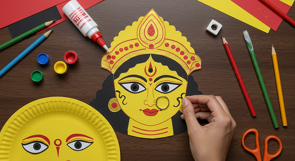 A creative paper craft featuring the vibrant and intricate face of Durga Devi, surrounded by art supplies ready to bring the divine visage to life.