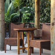 Outdoor dining area with wicker chairs and palm trees