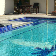 Close-up of the pool’s mosaic palm tree design with the pool steps in view.