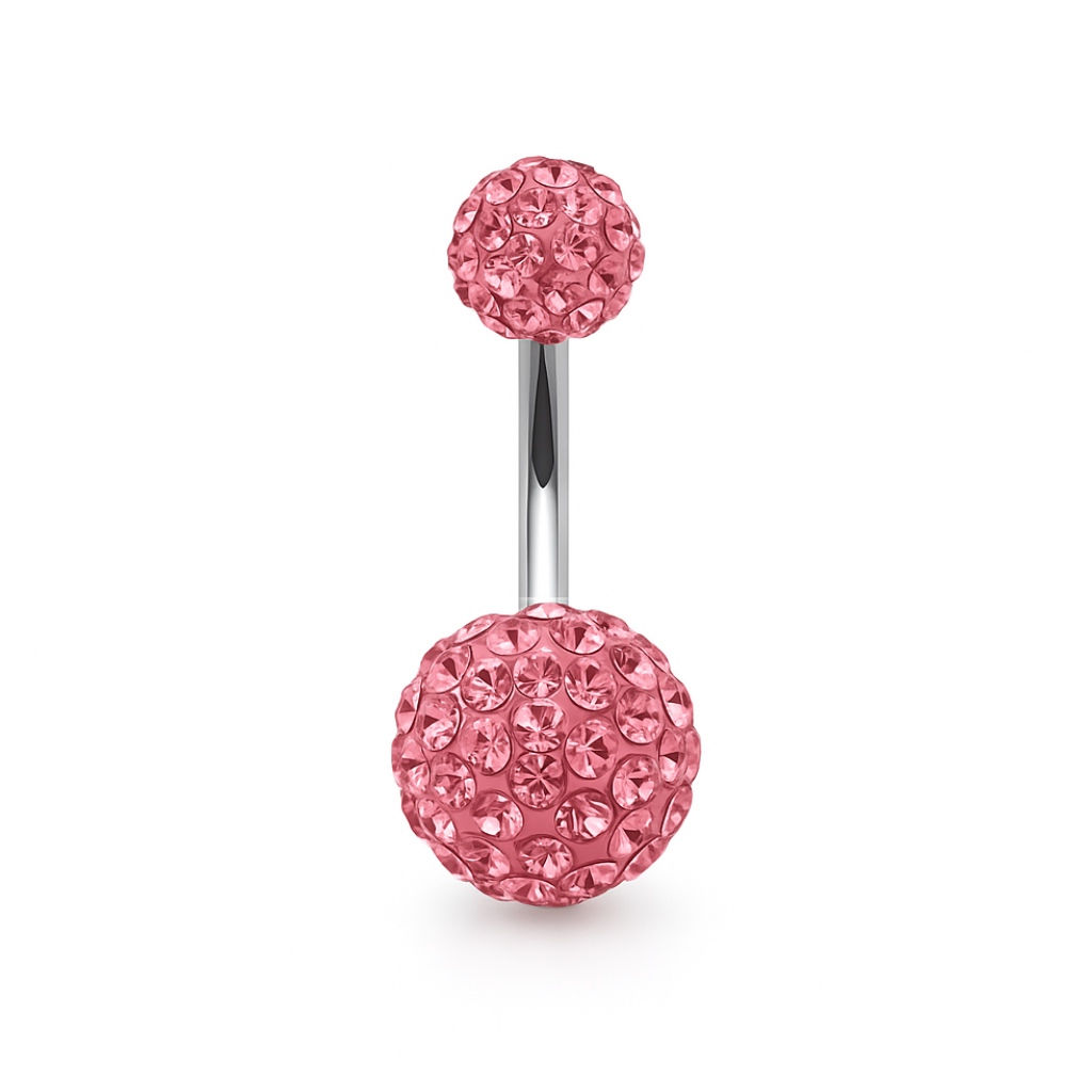 עגיל טיטניום לטבור - כדורי זירקונים ורודים