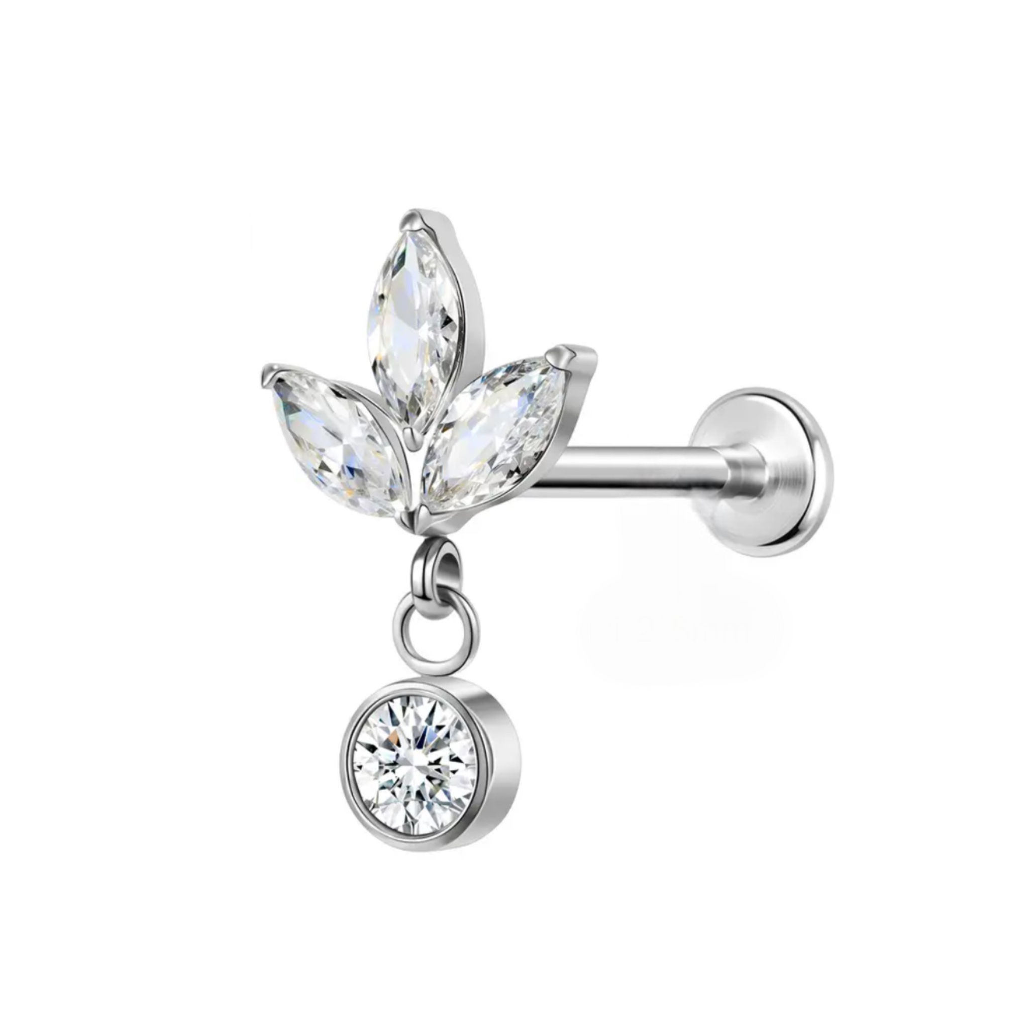 עגיל פלאט מטיטניום דגם לוטוס משובץ מרקיזים מנצנצים