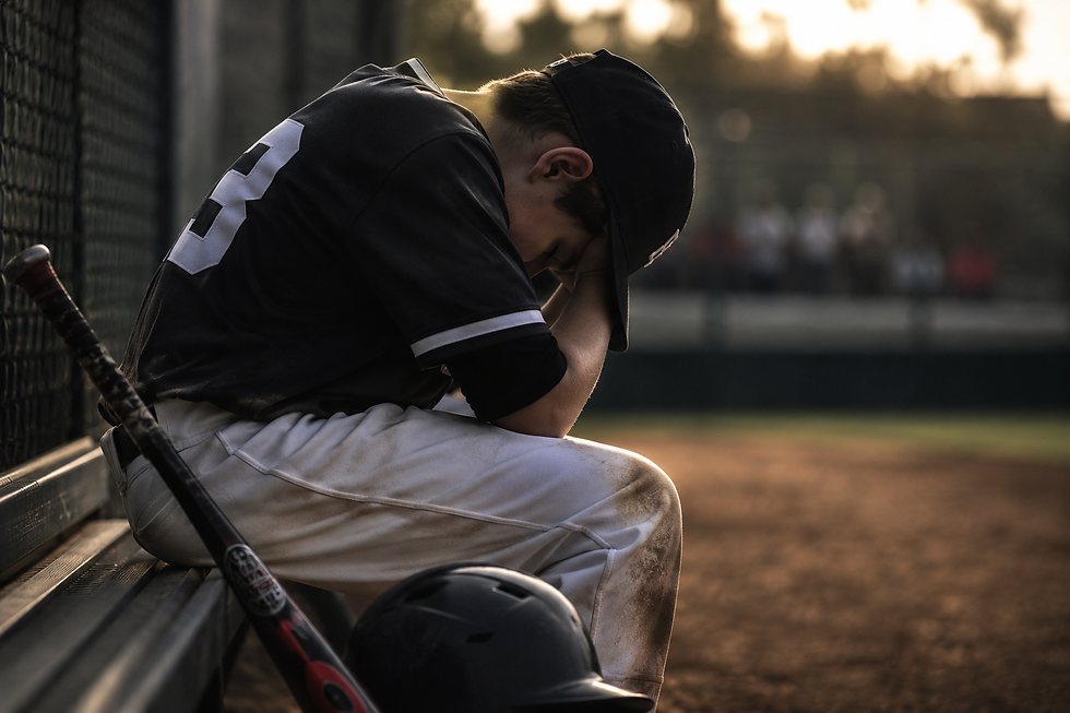 Young baseball player sitting alone on a dugout bench after a difficult moment in a game, representing pressure, confidence, and resilience in youth sports.