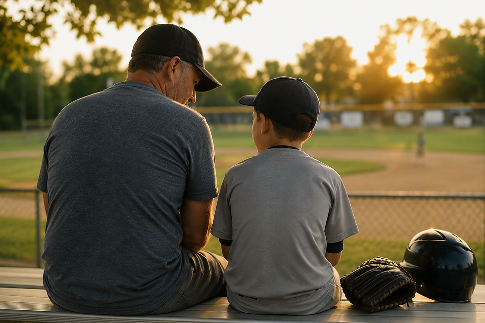 Youth baseball player sitting on bleachers with a parent after a game, reflecting on the season while overlooking a baseball field at sunset.