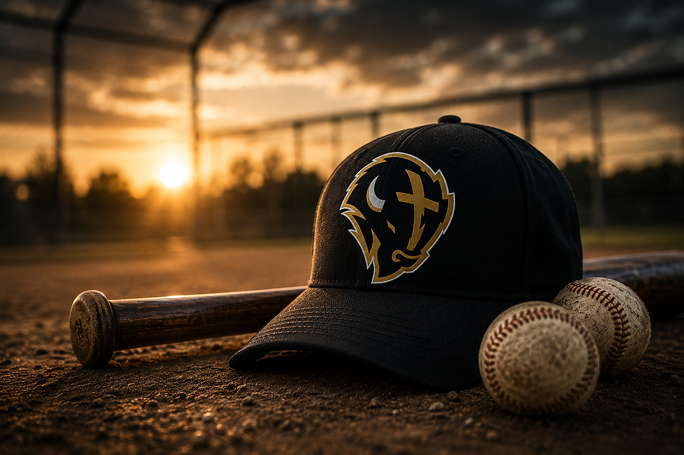 Bison Hitting Academy baseball hat with bat and baseballs on a field at sunset, representing Christ-centered youth baseball