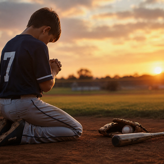Youth baseball player kneeling in prayer on a baseball field at sunset with a bat, glove, and baseball beside him, representing faith, reflection, and character development in youth sports.