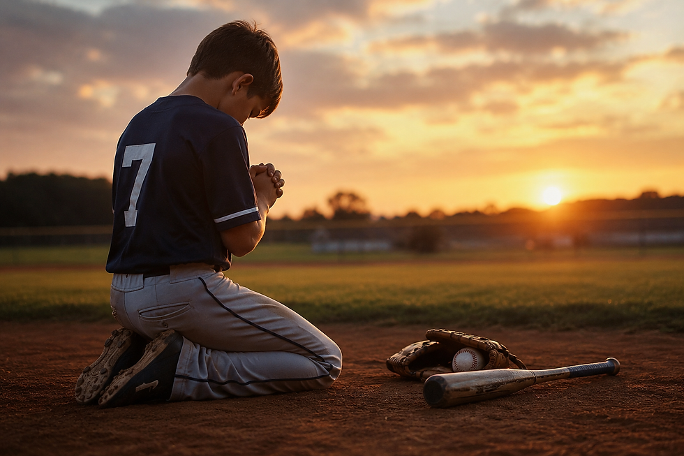 Youth baseball player kneeling in prayer on a baseball field at sunset with a bat, glove, and baseball beside him, representing faith, reflection, and character development in youth sports.