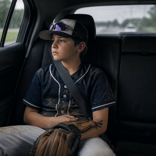 Youth baseball player sitting quietly in the backseat of a car after a game, looking out the window and reflecting on pressure, confidence, and youth sports.