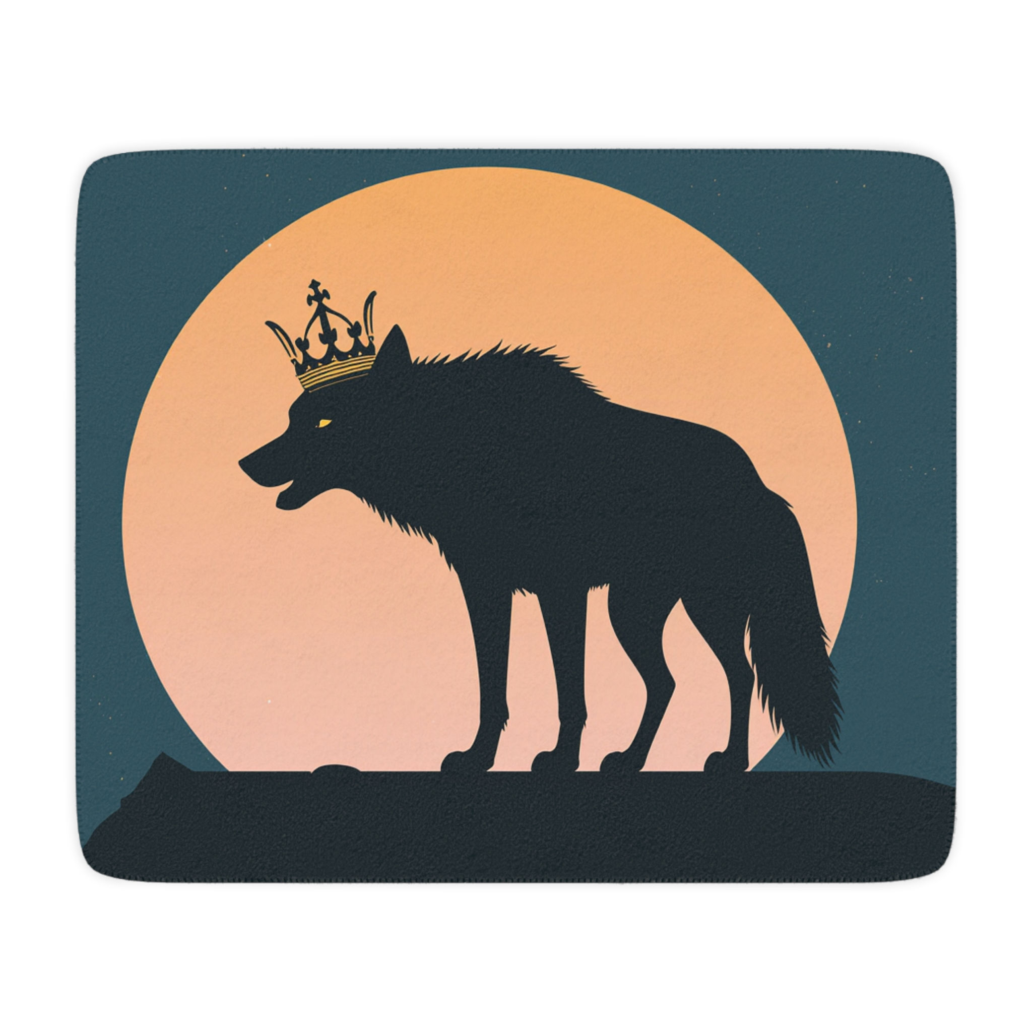 Crowned Wolf Sherpa Blanket — Cozy Tan Fleece with Moonlit Wolf Silhouette