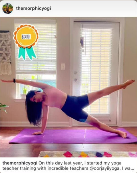Woman practicing yoga and posting on Instagram a celebration of 1 year of YTTC completion 