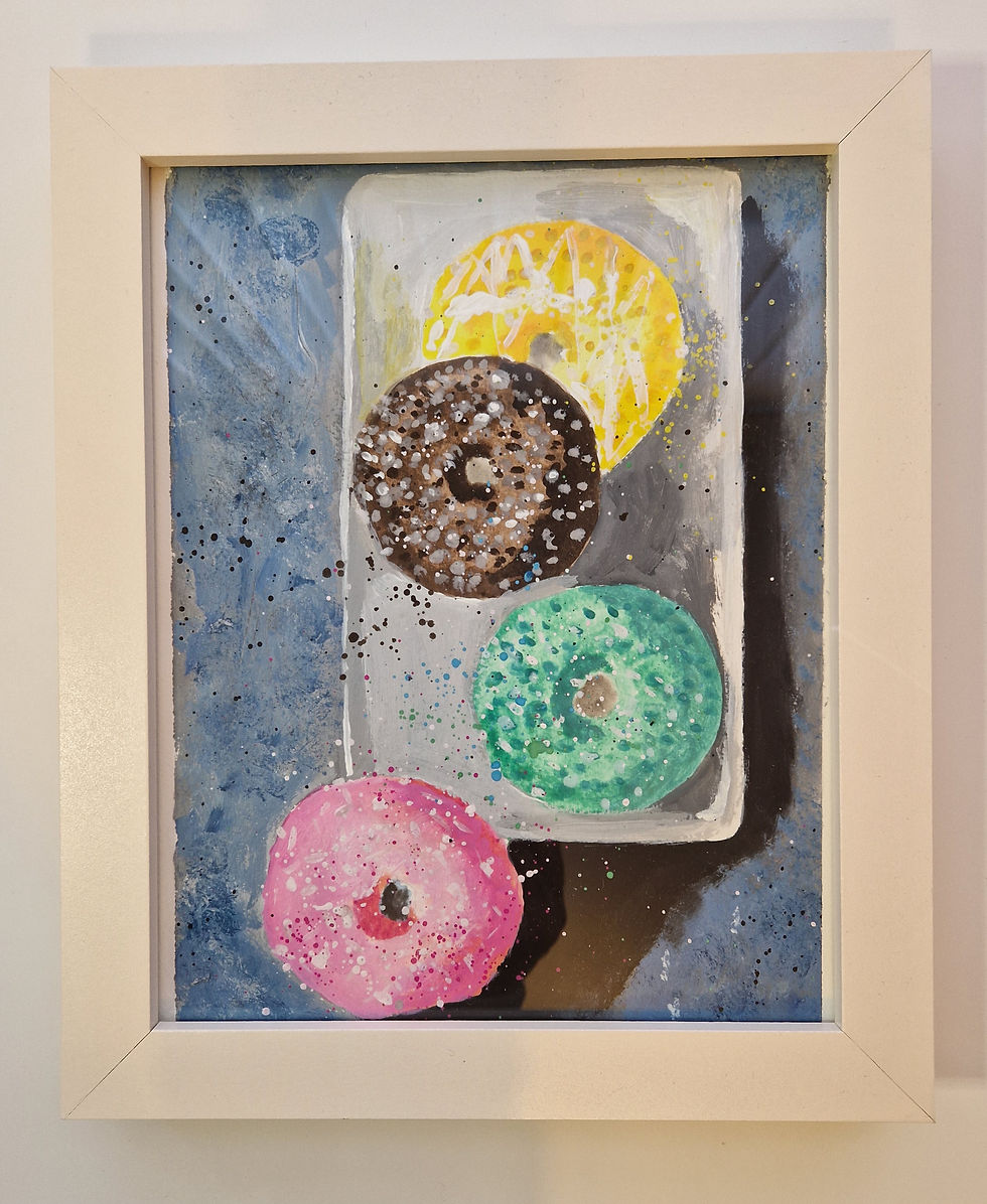 still life painting of donuts