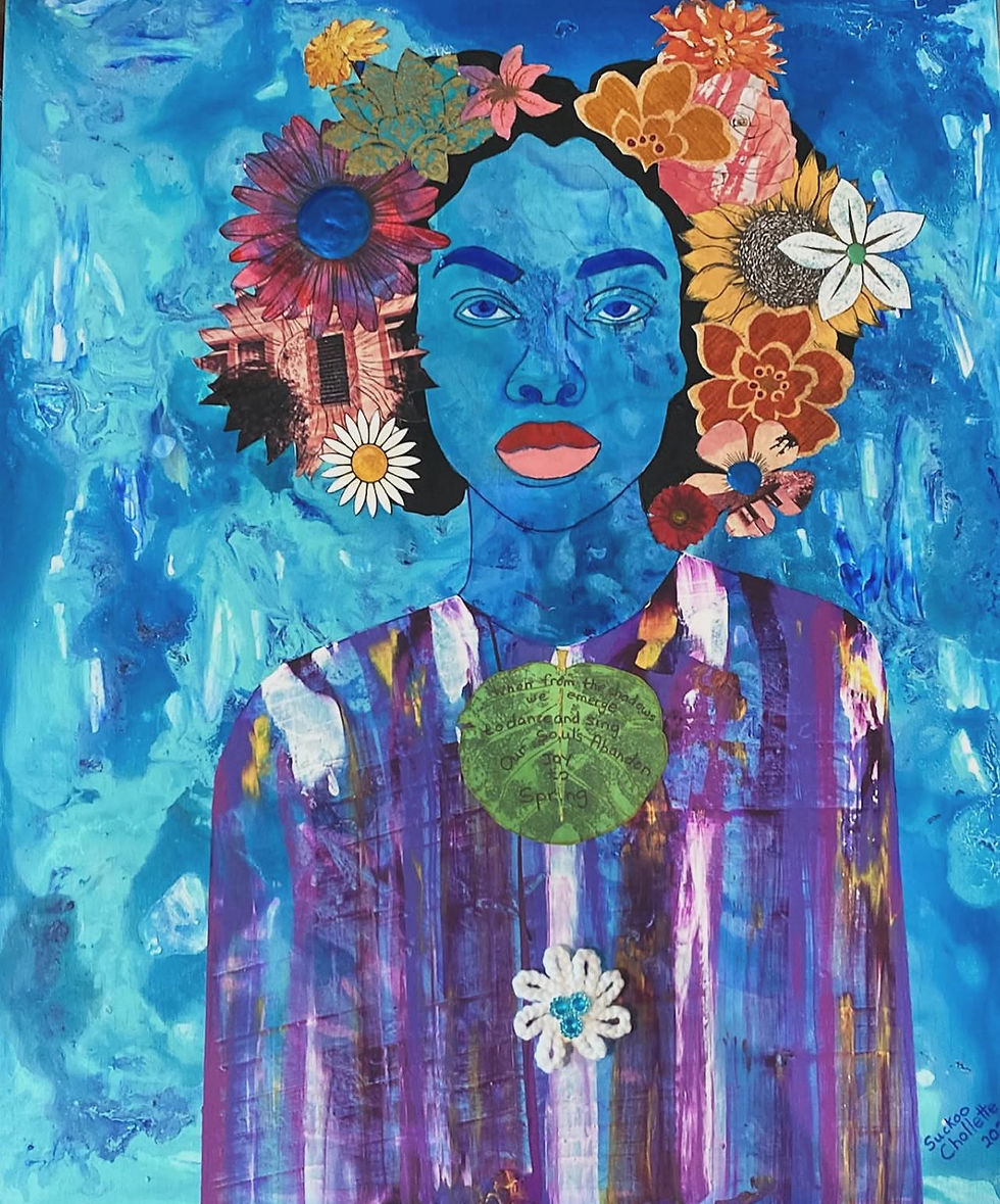 Portrait of a woman, acrylic and mixed media on canvas, by Caymanian artist Nasaria Suckoo Chollette