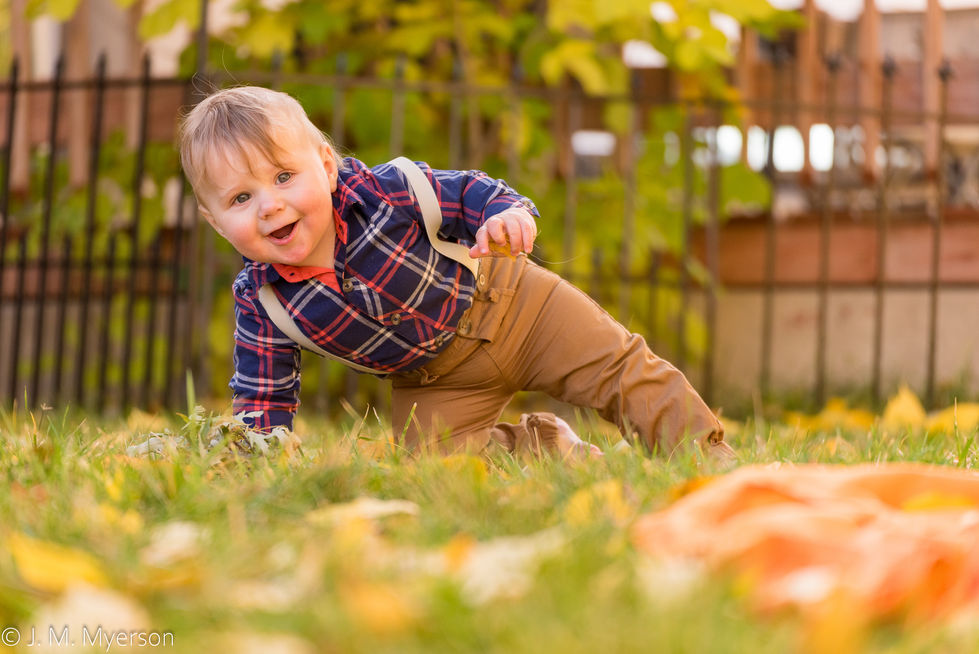a little boy in a plaid shirt and suspenders is crawling in the grass