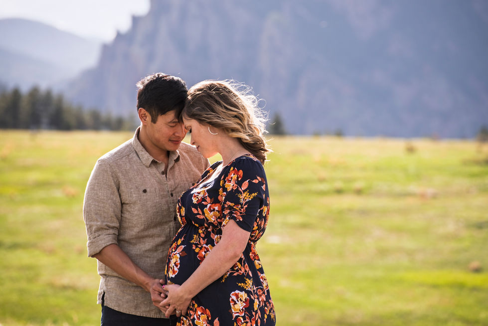 a man and a pregnant woman are standing in a field with mountains in the background