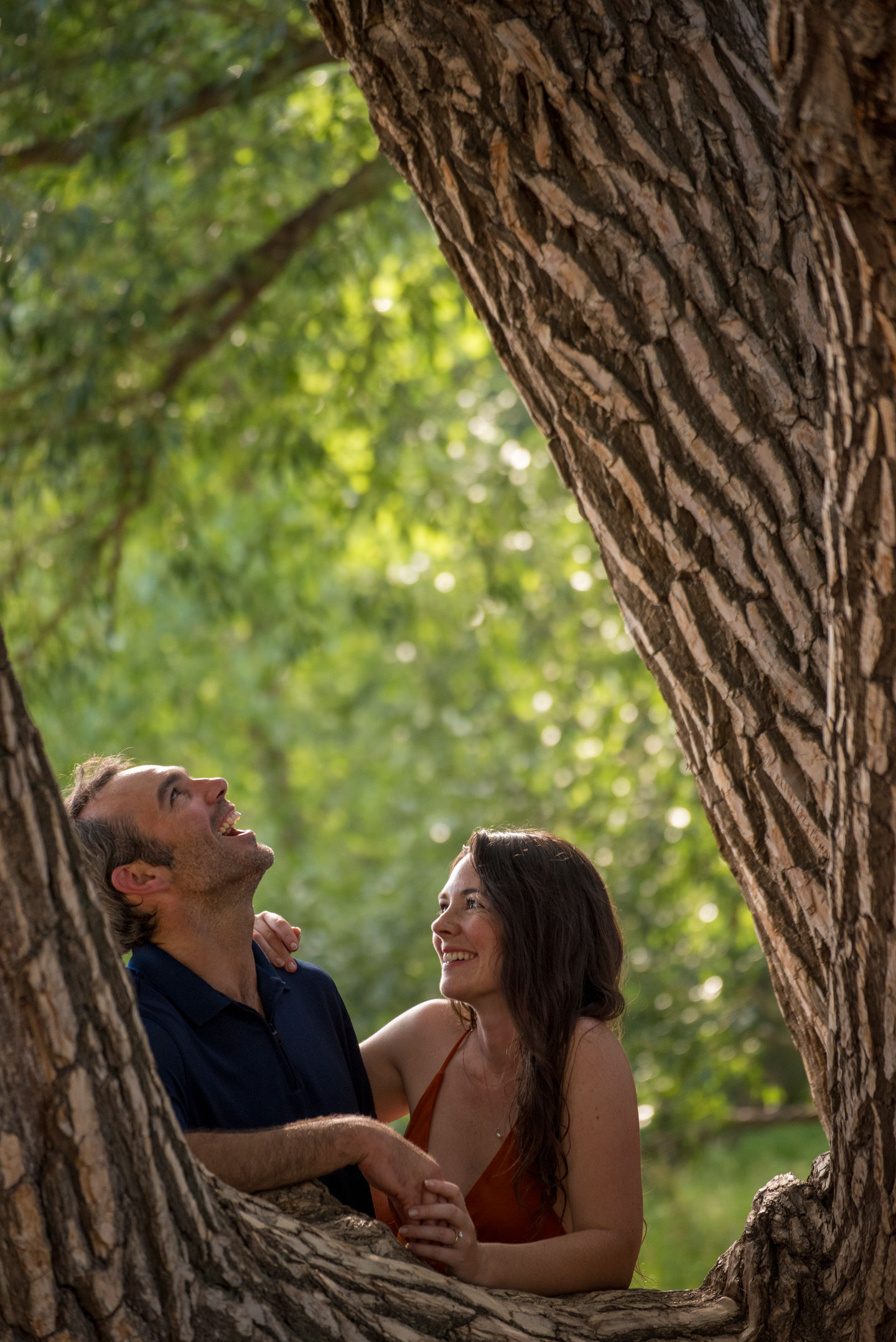 a man and a woman are looking up at a tree