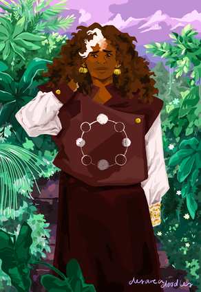 Long haired black man surrounded by lush plants