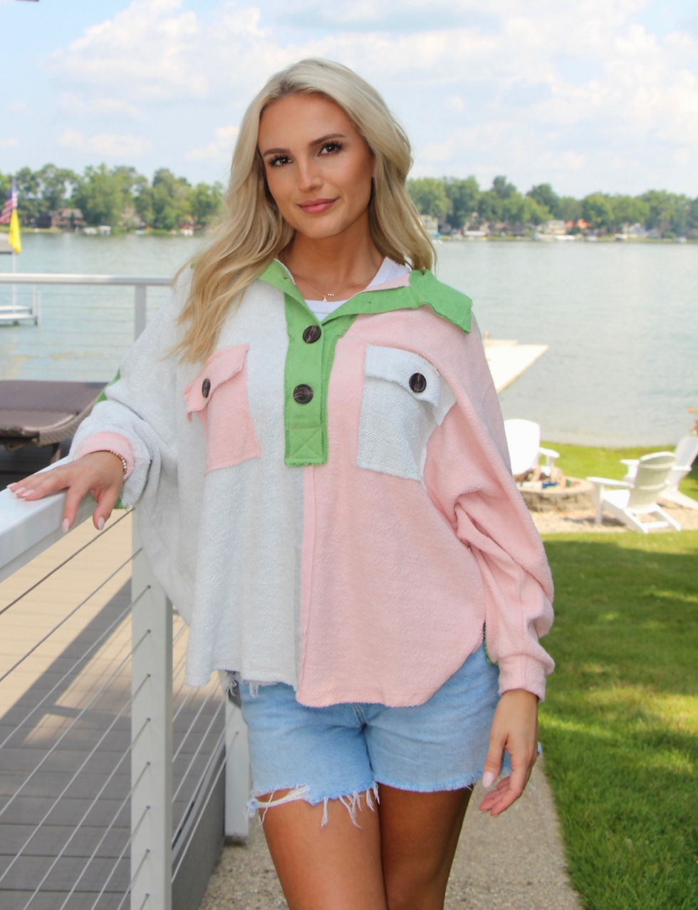 French Terry Oversize Collared Top - Blush/Grey/Green