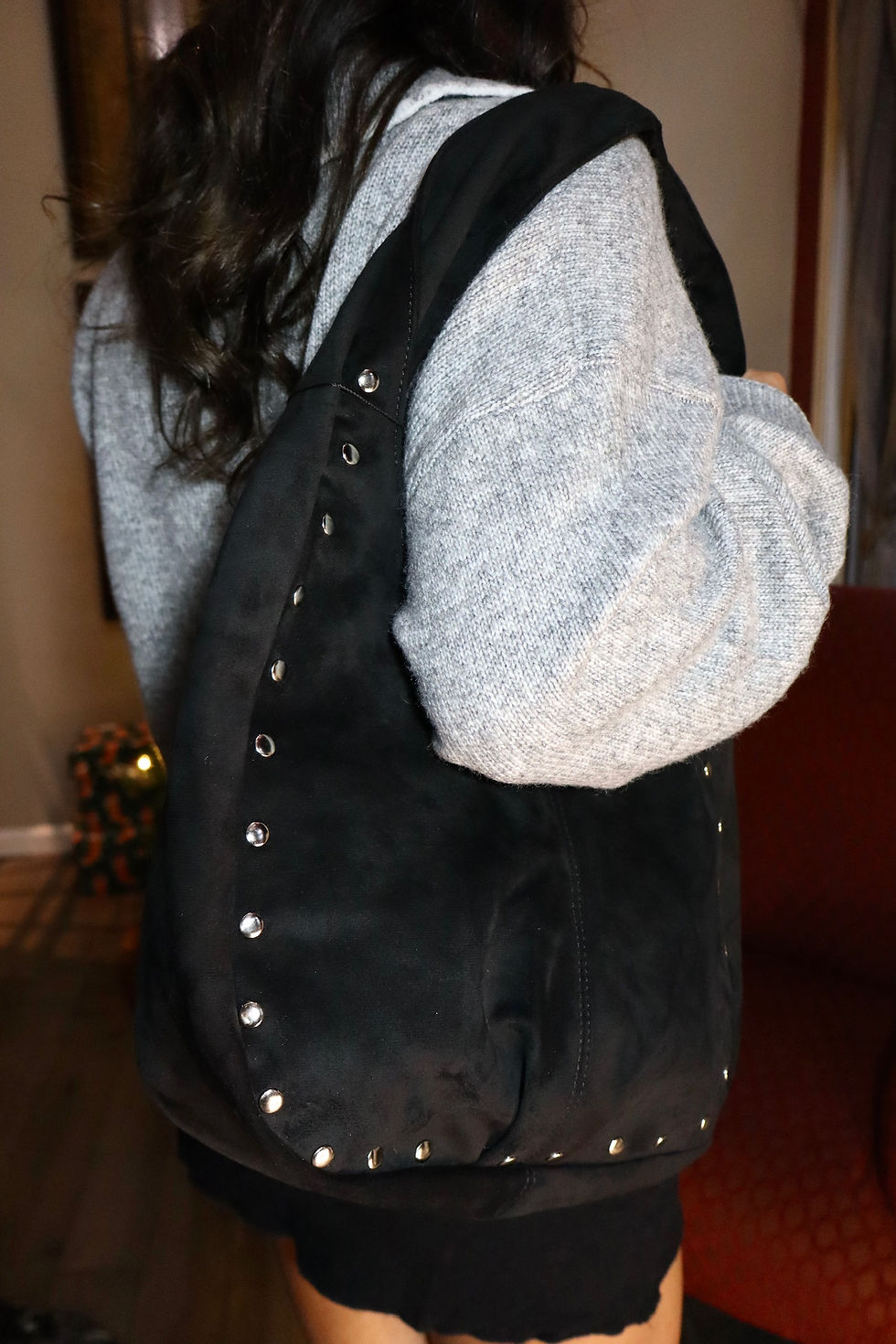 Thumbnail: Suede Studded Hobo Bag - Black 