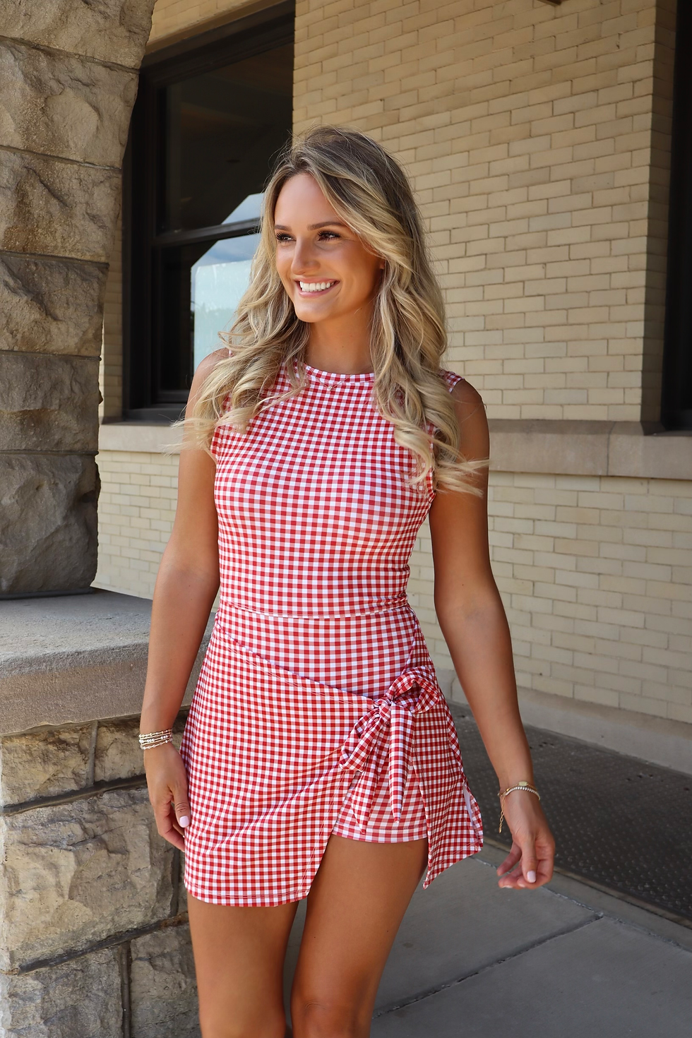 Thumbnail: Gingham Print Dress - Red 