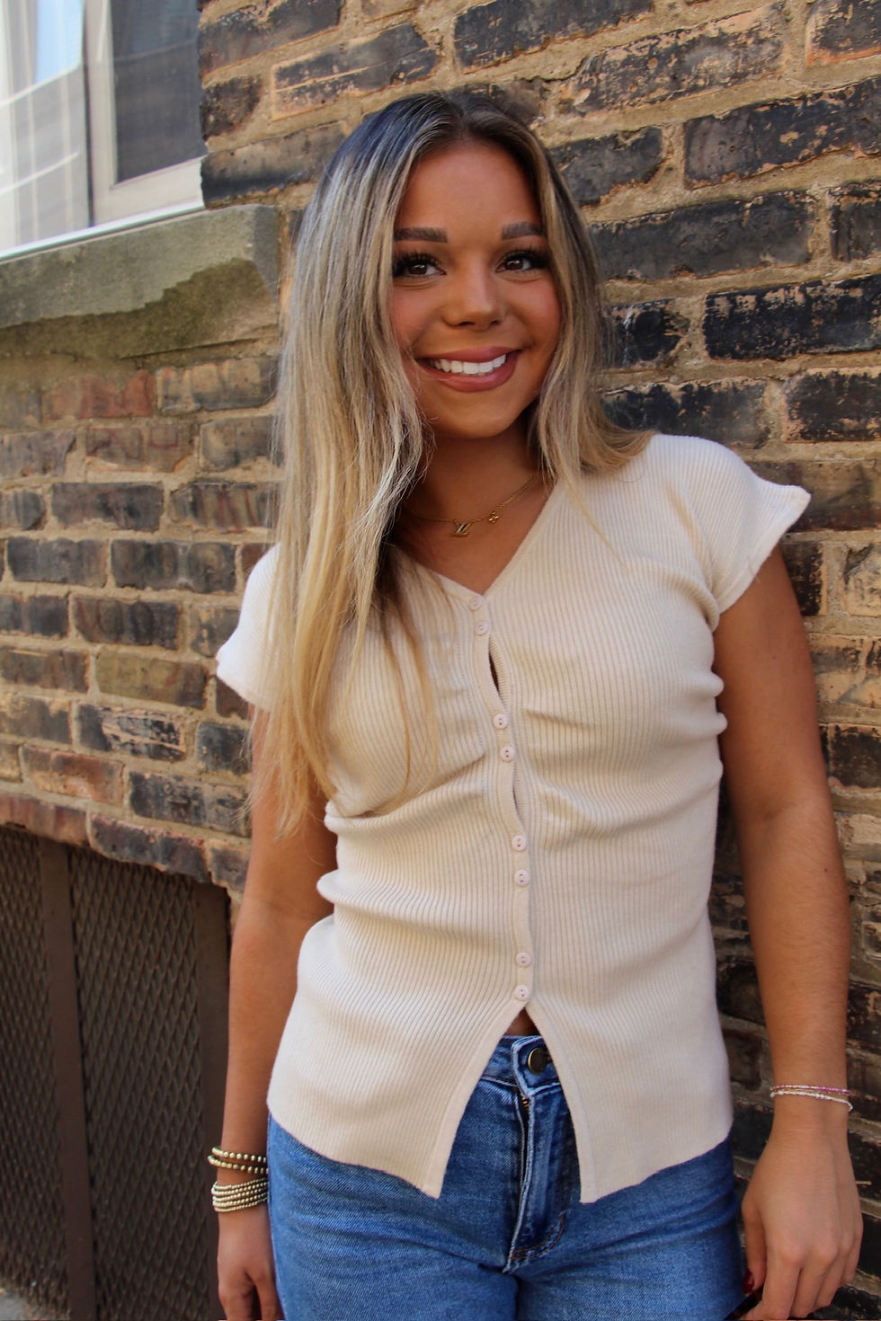 Thumbnail: Ribbed Short Sleeve Top - Beige