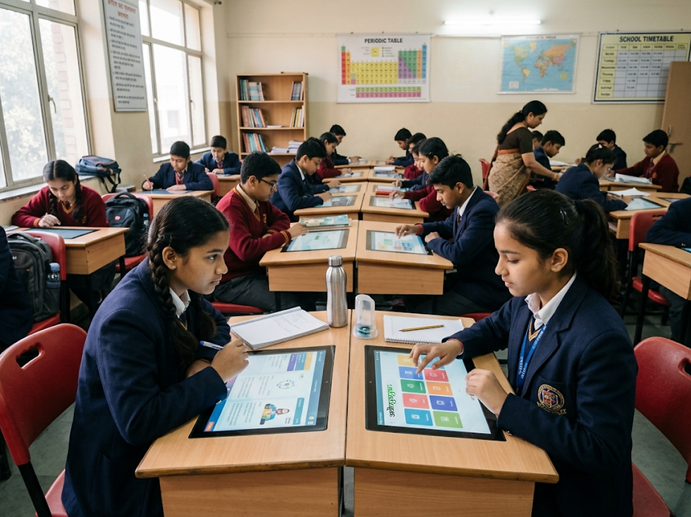 Students using digital education devices in a classroom