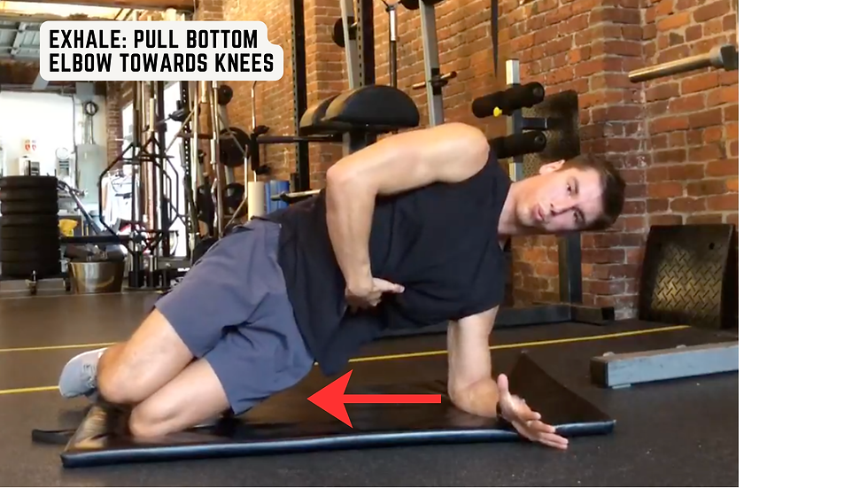 Man demonstrating a kneeling side-plank exercise in a brick-walled gym; text reads Exhale: pull bottom elbow towards knees.