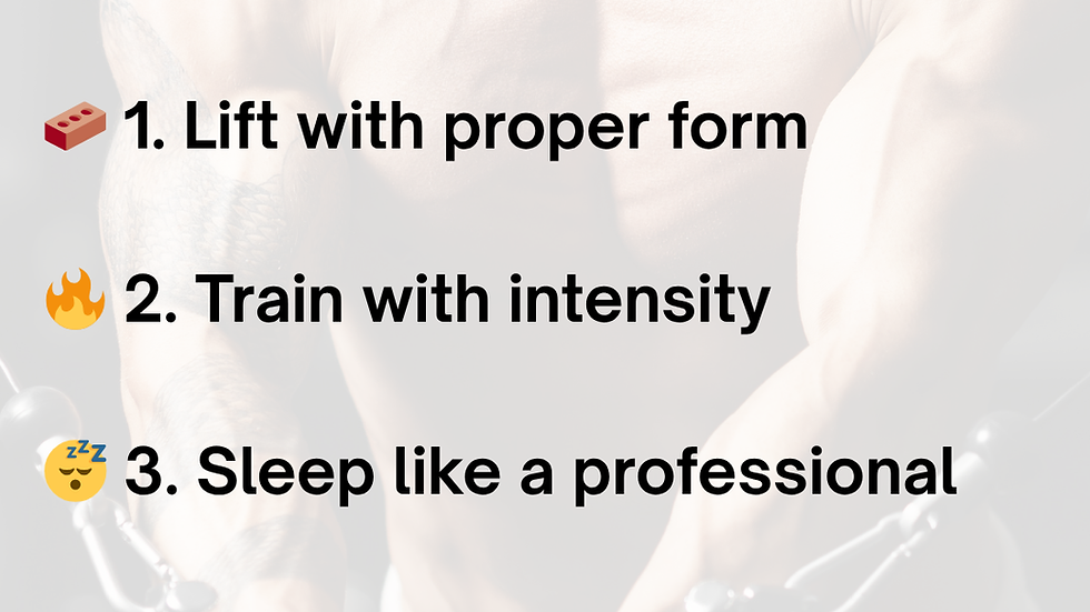 Muscle building checklist on muscular man's background: 1. Proper form, 2. Intensity, 3. Sleep, 4. Protein, 5. Progressive overload. Emoticons included.