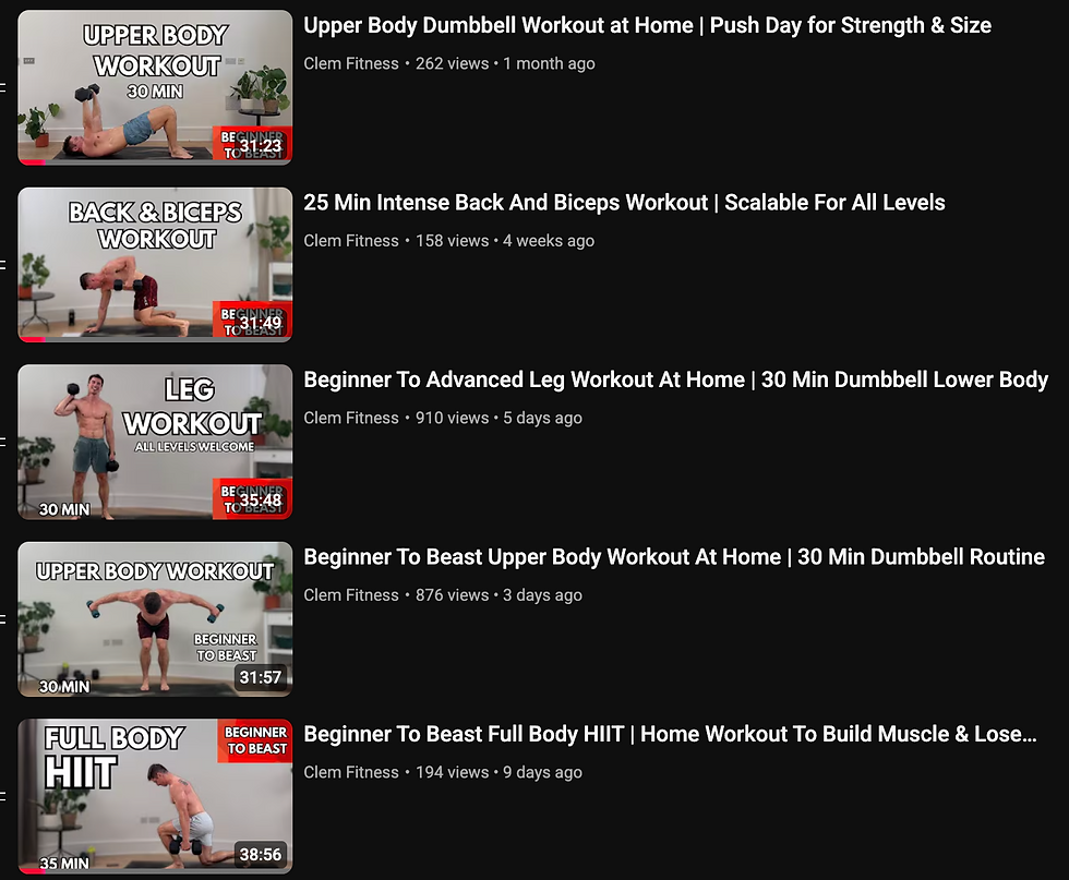 Five video thumbnails show various workouts. Each features a person exercising with dumbbells in a home setting. Text titles describe workout type and duration.