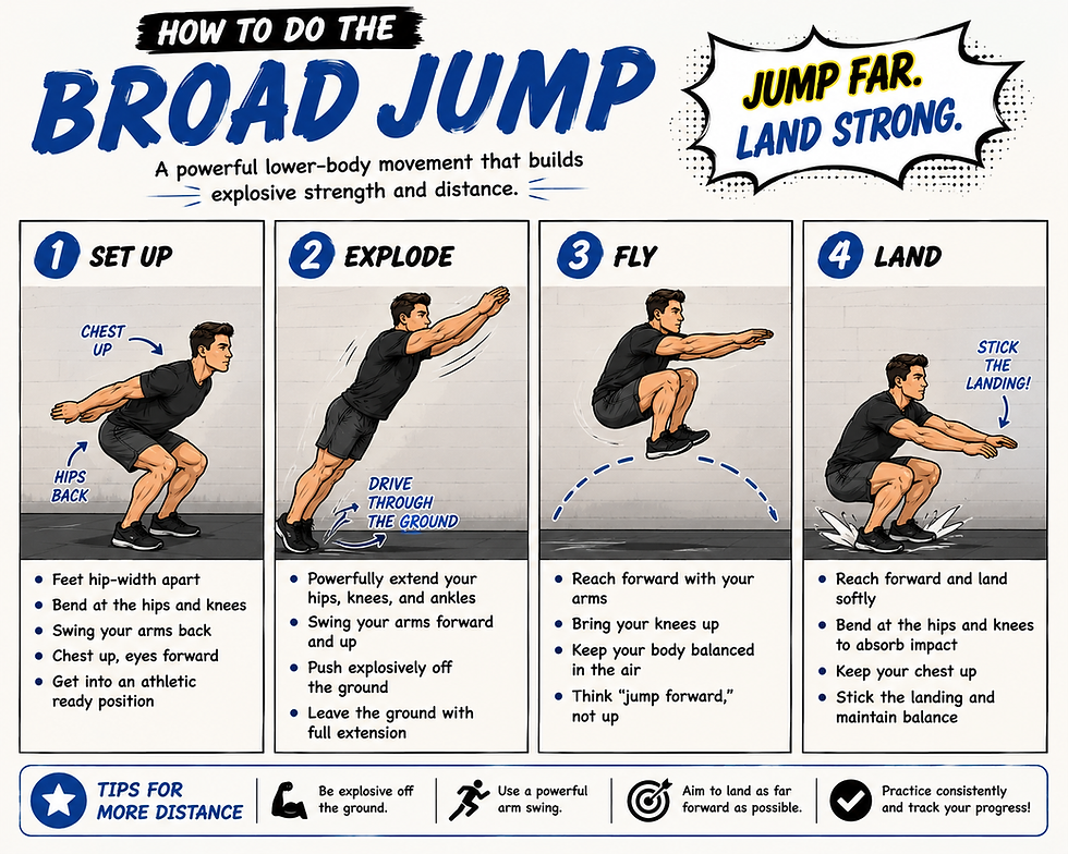 Infographic on broad jump with 4 steps: set up, explode, fly, land; blue text and a tip to jump far and land strong.