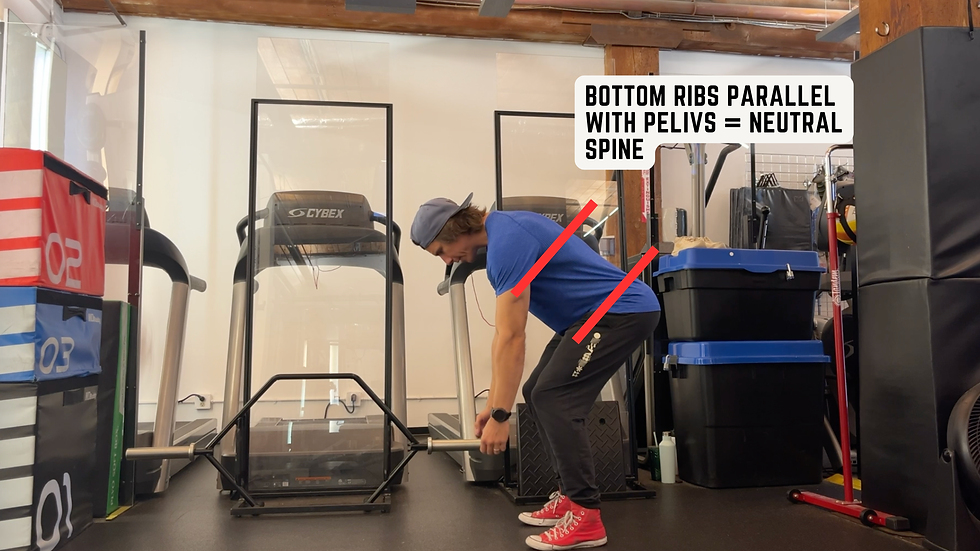 Man in blue shirt and gray cap bends over a barbell in a gym, with text about neutral spine and red alignment lines.