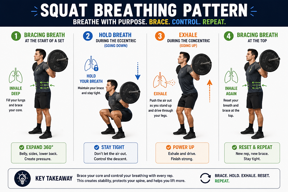 Infographic of a man squatting with a barbell, showing inhale, hold, exhale, and repeat steps on a white background.