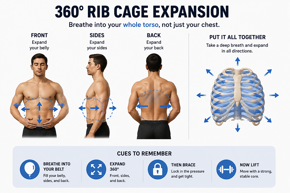 Infographic showing 360° rib cage expansion with male torso front, side, back views and rib cage diagram, blue arrows and cues