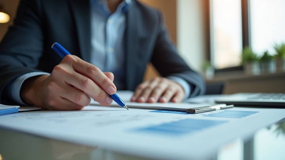 Eye-level view of a business owner reviewing financial documents
