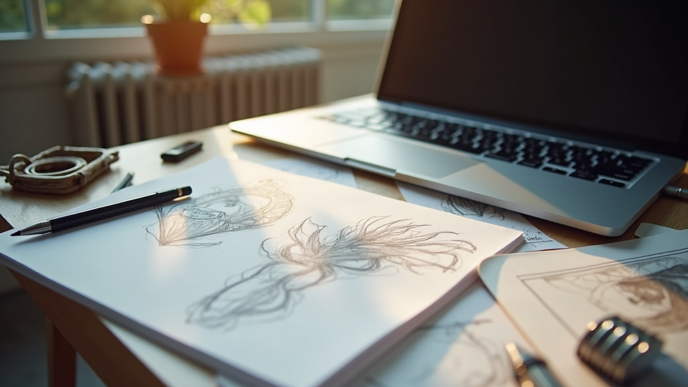 High angle view of a creative workspace with sketches and a laptop