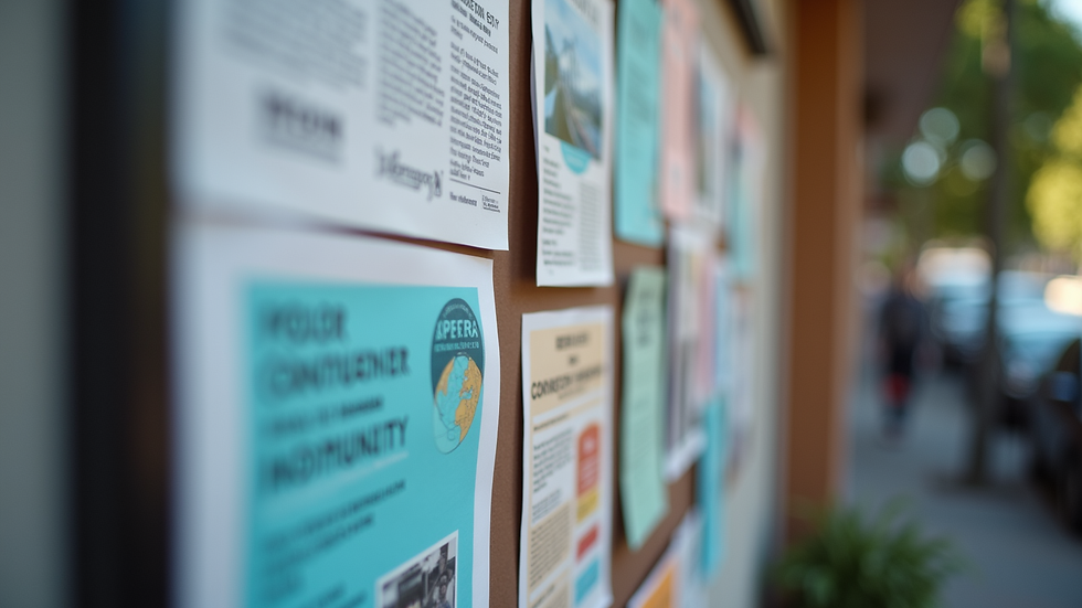 Close-up view of a community bulletin board filled with flyers and event notices