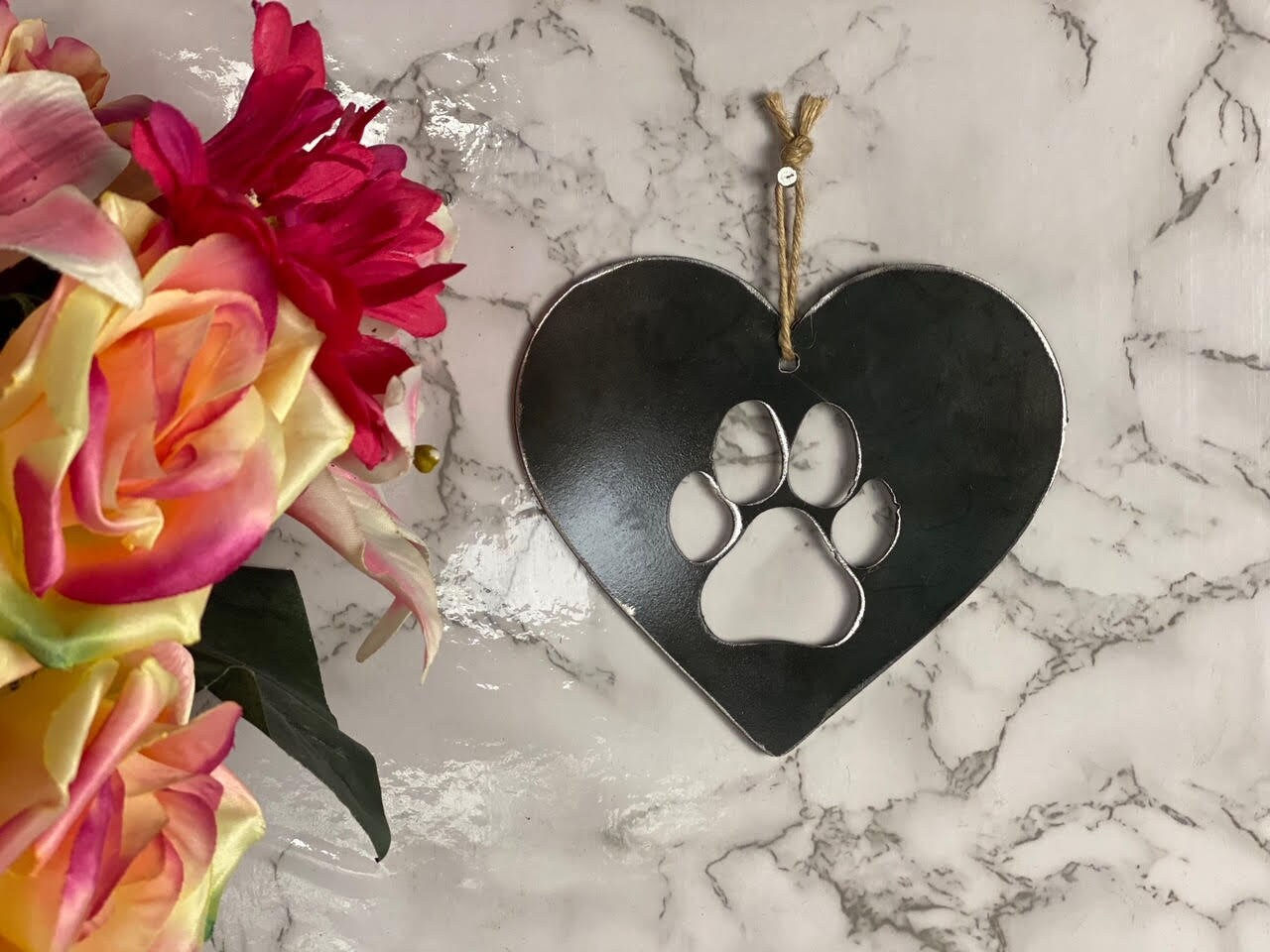 Dog Cat Paw Love Heart Pet Memorial Brushed Steel Effect Metal Art Wall Hangin