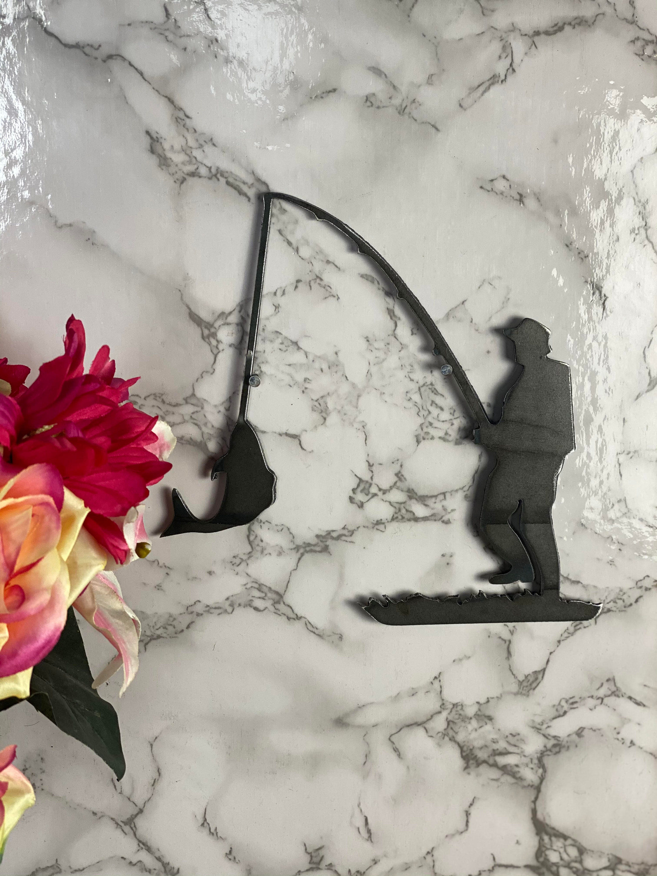 Fishing Fisherman Angler Fish Brushed Steel Home Wall Art Interior Design Meta