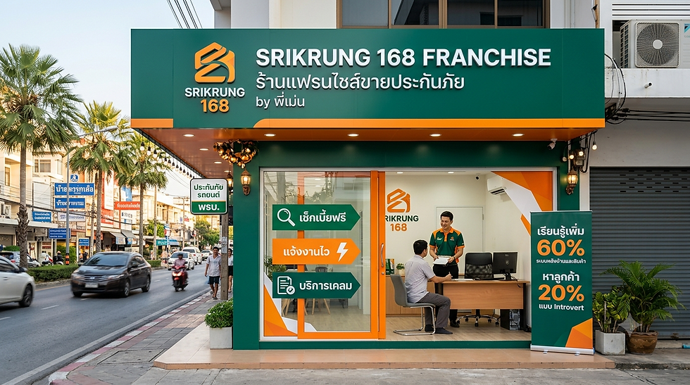 หน้าร้าน SRIKRUNG 168 FRANCHISE สีเขียวส้ม มีพนักงานคุยลูกค้าในสำนักงานริมถนน พร้อมป้ายโปรโมชัน คึกคัก