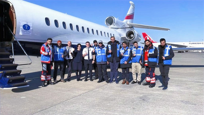 Constructor group sends Falcon to Turkey with doctors and supplies