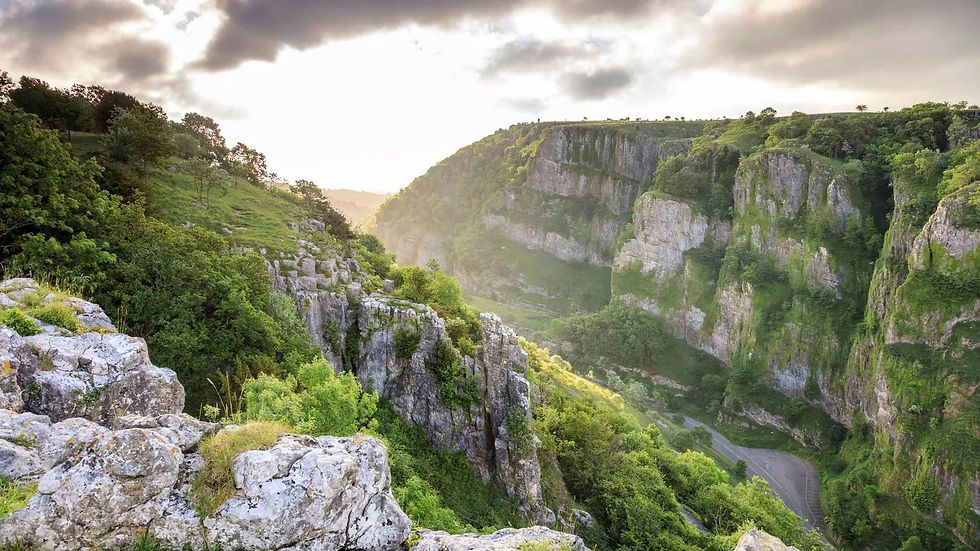 A view of Cheddar Gorge from one side, looking down the limestone cliffs at the road far below. The sun is hidden behind the clouds, giving the whole view a gentle glow.
