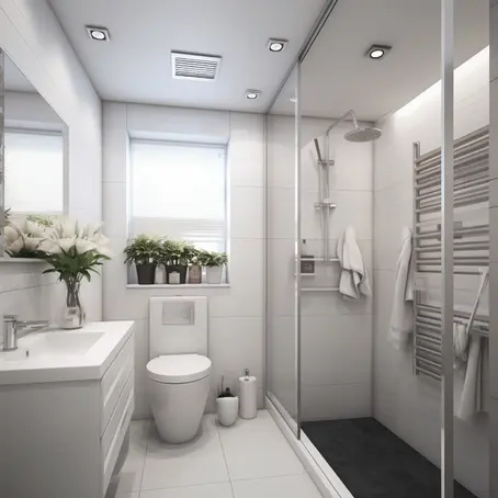 Modern white bathroom with glass shower enclosure, wall-mounted toilet, and vanity with decorative plants