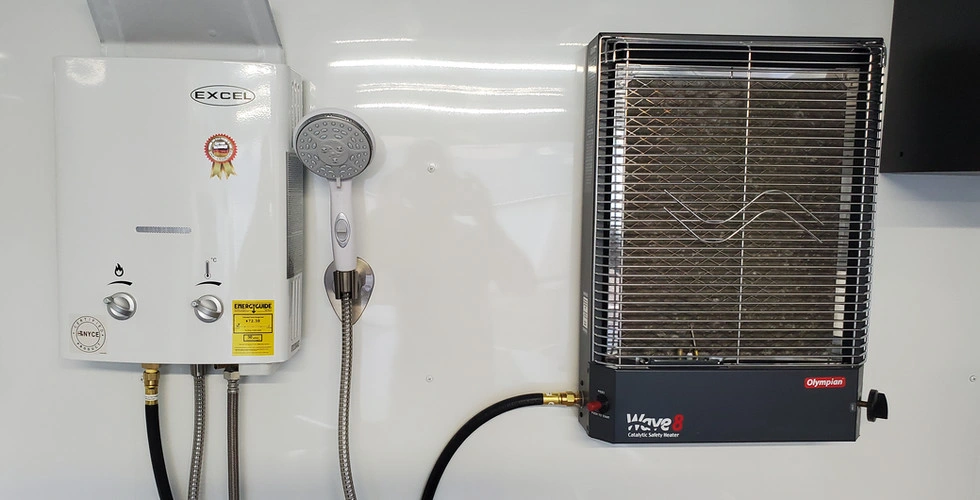RV Eccotemp tankless water heater and Olympian Wave catalytic heater installation